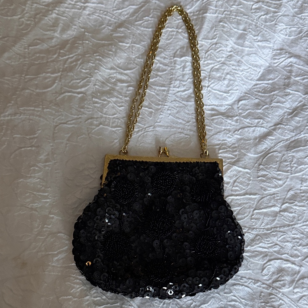 Classic Black Sequined Evening Bag with Gold Chain